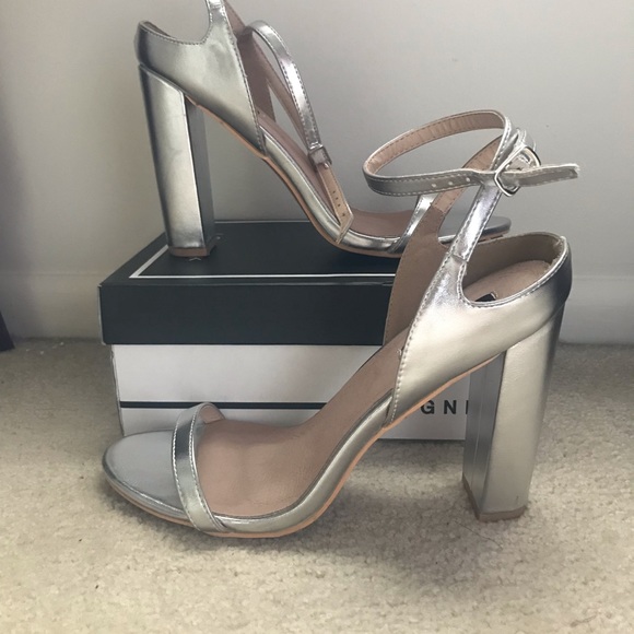 small silver block heels